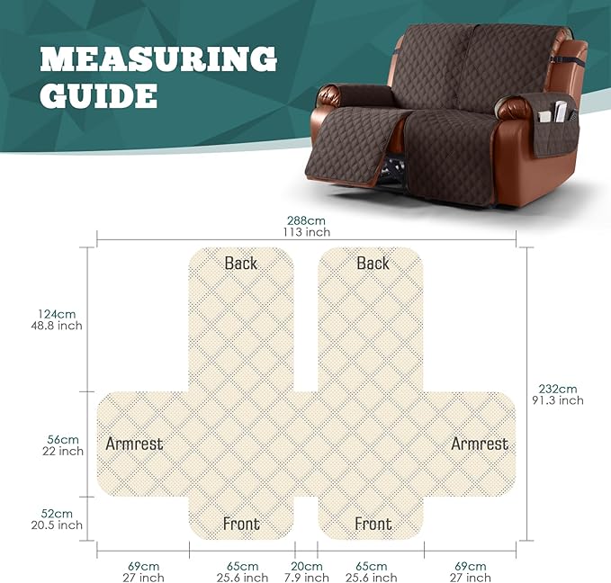 Ruaozz Waterproof Recliner Sofa Covers, 1-Piece Couch Covers for Reclining Couches Reclining Couch Cover Washable Furniture Protector with Elastic Straps Pocket for Kids Pets (Chocolate, 2 Seater)