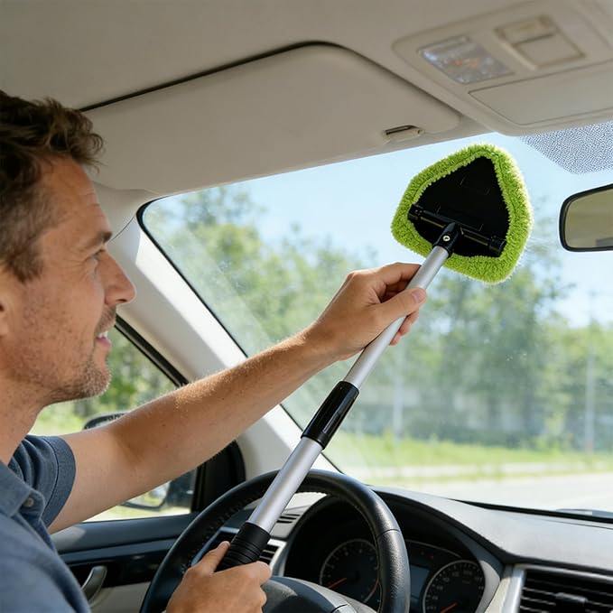 Microfiber Car Windshield Cleaning Tool with Extendable Handle,Car Defogging Glass Cleaning Brush with 4 Reusable Microfiber Pads 1 Spray Bottle and 1 Car Dust Removal Brush. (Green)