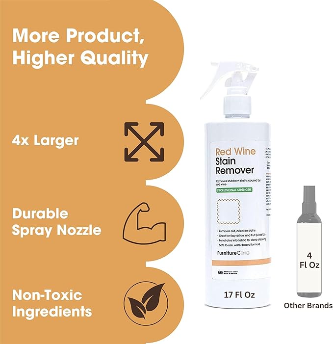 Furniture Clinic 17oz Red Wine Stain Remover Solution | Stain Removal Treatment for Clothing, Carpet, Upholstery | Effective for New and Old Stains | (500ml/ 17oz)