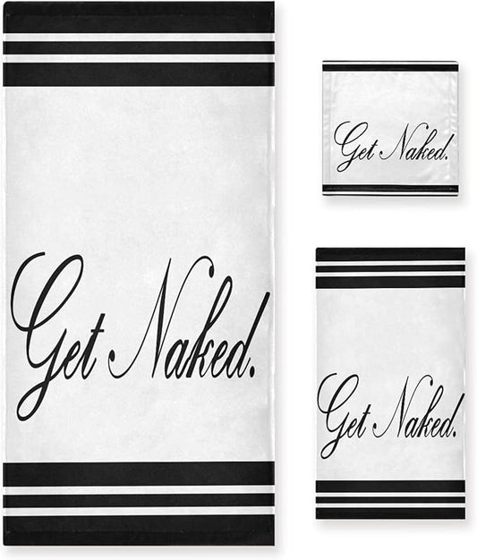 Funny Quotes Get Naked Bath Towels Set,Ultra Soft 3 Piece Black and White Stripes Towels for Bathroom,1 Bath Towel 1 Hand Towel 1 Washcloth,Absorbent Quick Dry Decoractive Bathroom Towels