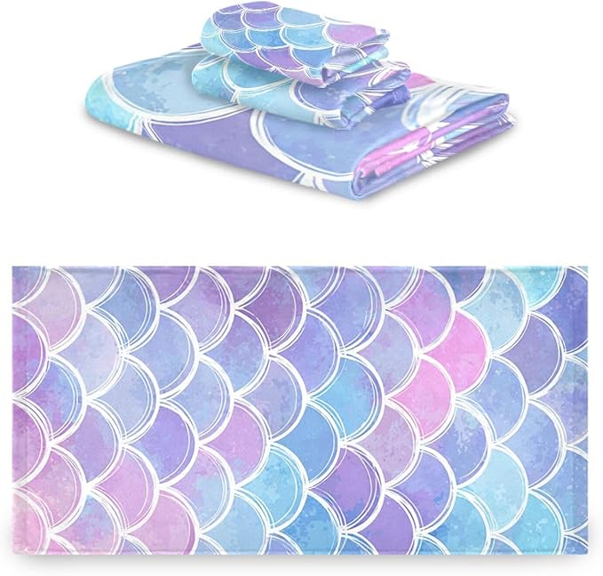 Pfrewn Magic Pink Blue Mermaid Scales Towels Set of 3 Rainbow Marble Galaxy Bathroom Towel Soft Absorbent Bath Hand Towels Washcloth Guest Towel Sets Bathroom Decorations