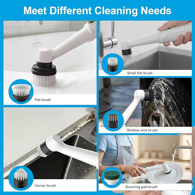Electric Spin Scrubber-Waterproof Rechargeable with LED Light,5 Multi-Purpose Brush Heads for Deep Cleaning Grout, Tile, Bathroom, Kitchen, Sink, Shower, Tub, Corners & Tight Spaces