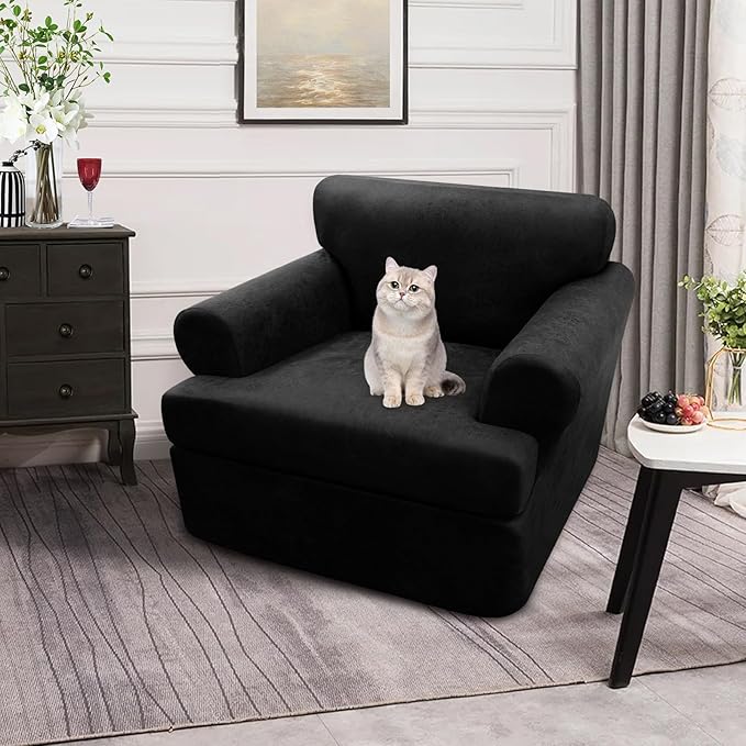 2-Pieces T Cushion Armchair Slipcovers Leather Look Couch Cover Chair Covers Stretch Furniture Protector Sofa Cover with 1 Individual T Cushion Seat Cover Slipcover Sets Washable, Black