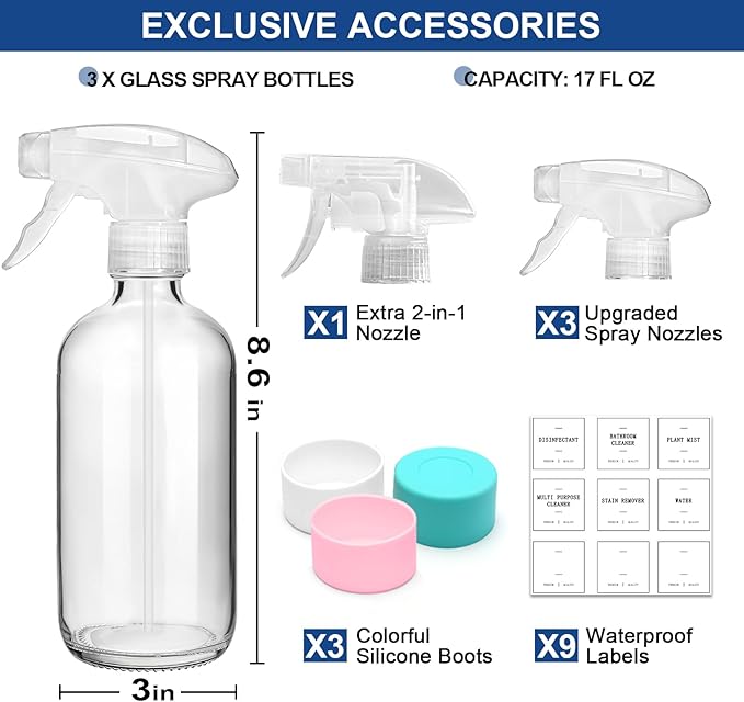 Glass Spray Bottles for Cleaning, 3 Pack Clear Empty Spray Bottle for Cleaning Solutions, 17 fl oz Reusable Spray Bottle for Plants with Silicone Boot, Cleaning Spray Containers with Labels