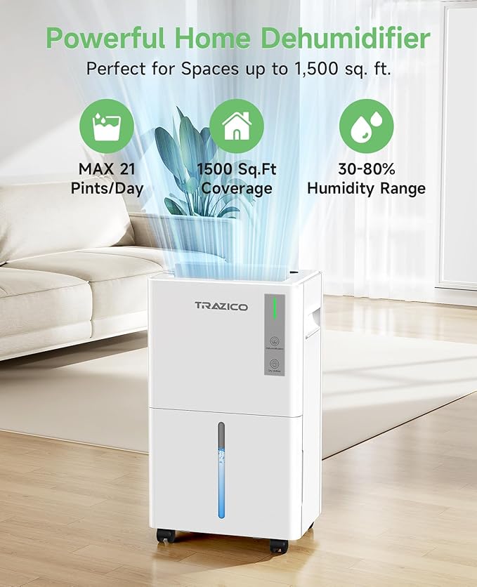 1500 Sq.ft Dehumidifier for Basement, Trazico 21 Pint Quiet Dehumidifiers for Home with Drain Hose, Smart Humidity Control, 3 Modes, 24H Timer, Auto Defrost, for Large Room, Bedroom, and Bathroom