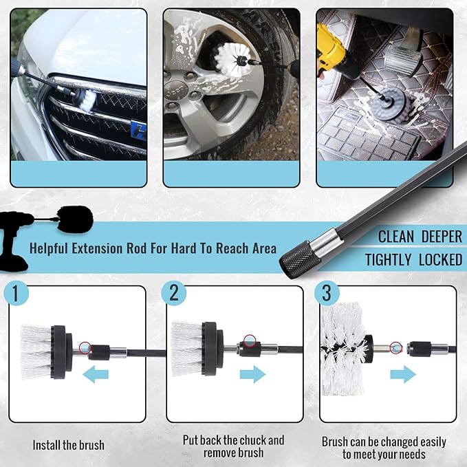 HUAWELL 8 Piece Soft White Drill Brush with Extend Attachment Set-Car Interior Detailing Kit, All Purpose for Car, Boat, Seat, Carpet, Upholstery, Bathroom, Grout, Floor and Tile (White)