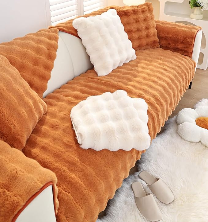 Soft Warm Faux Fur Couch Sofa Cover Thick Shaggy Fuzzy Sectional Couch Cover Non-Slip Solid Color Plush Sofa Slipcover Furniture Protector for Kids, Pets (Dark Orange,36"x47")