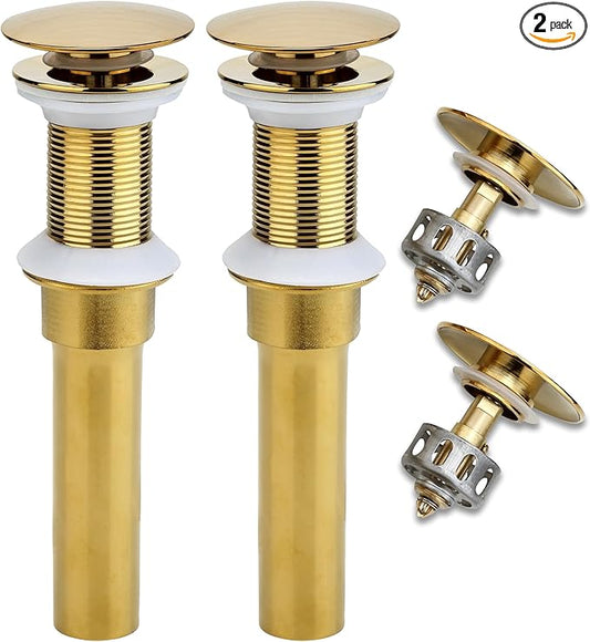 Bathroom Sink Drain, 2 Pack Gold Drain Stopper Bathroom Sink Without Overflow, Pop Up Drain Assembly with Detachable Strainer Basket, Built-in Anti-Clogging Strainer,Stainless Steel