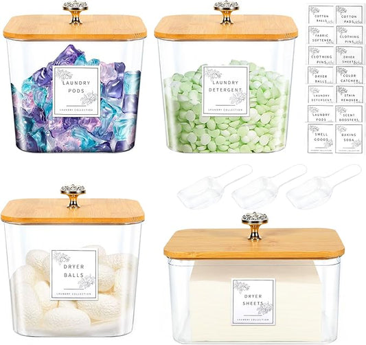 4 Pack Laundry Room Organization Storage Containers Acrylic Jars and Dryer Sheet Container with Lids and Labels for Laundry Detergent Laundry Pods Containers Dry Sheet Organizing