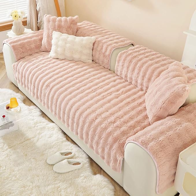 Soft Warm Faux Fur Couch Sofa Cover Thick Shaggy Fuzzy Sectional Couch Cover Non-Slip Solid Color Plush Sofa Slipcover Furniture Protector for Kids, Pets (Pink,36"x82")