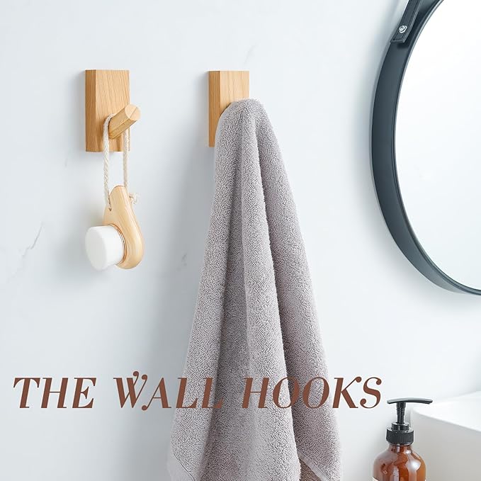 Natural Wooden Wall Hooks, Adhesive & Screw Mount Coat and Towel Hooks - Decorative Key Holder, Hat Rack, Stocking Wall Hangers for Bathroom Entryway Closet - 4 Pack, Beech Wood