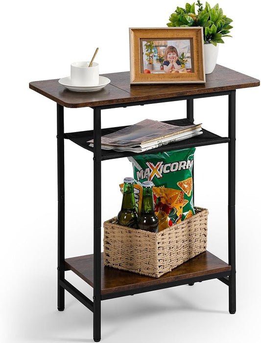 3-Tier Side Table for Living Room, Narrow End Table for Small Spaces with Wide Storage Tabletop,Rustic Brown Slim Couch Side Table Nightstand for Bedroom, Sofa