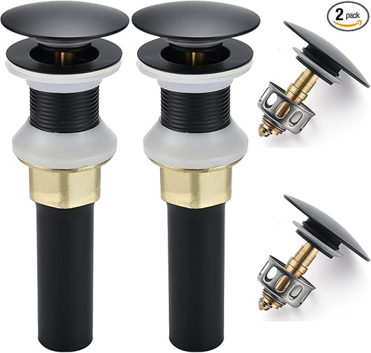 Bathroom Sink Drain,2 Pack Drain Stopper Bathroom Sink Without Overflow,Pop Up Drain Assembly with Detachable Strainer Basket,Built-in Anti-Clogging Strainer,Stainless Steel Mattle Black