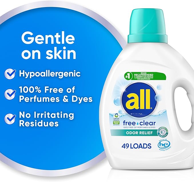 all Liquid Laundry Detergent, Free Clear, Odor Relief, 73 Fluid Ounces, 49 Loads