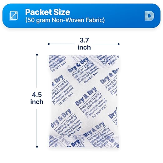 Dry & Dry 50 Gram [50 Packets] Silica Gel Packets Desiccants, Silica Packets - Rechargeable Silica Gel Packs, Desiccants Packets, Silica Gel
