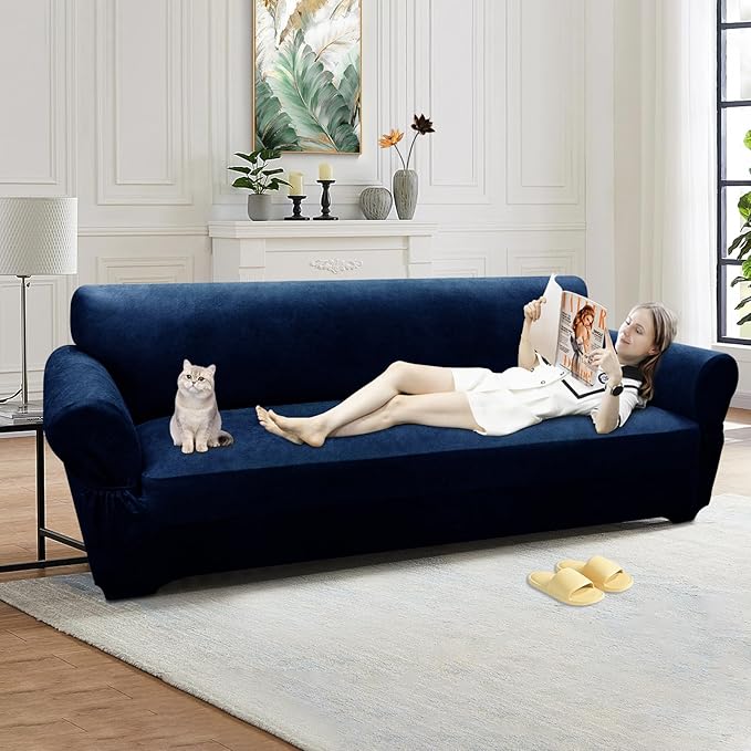 Oversized Sofa Slipcover Leather Look Couch Cover for 4 Seater Sofa 1-Piece Sofa Cover Stretch Furniture Protector with Elastic Bottom & Pockets(XL Sofa, Navy)