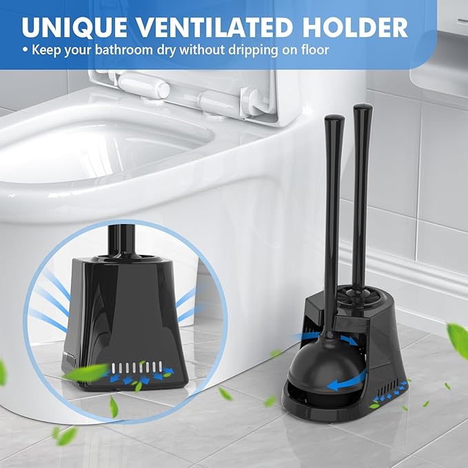 Toilet Plunger and Brush, Bowl Brush and Heavy Duty Toilet Plunger Set with Ventilated Holder, 2-in-1 Toilet Brush and Plunger Combo for Bathroom Cleaning (2, Black)