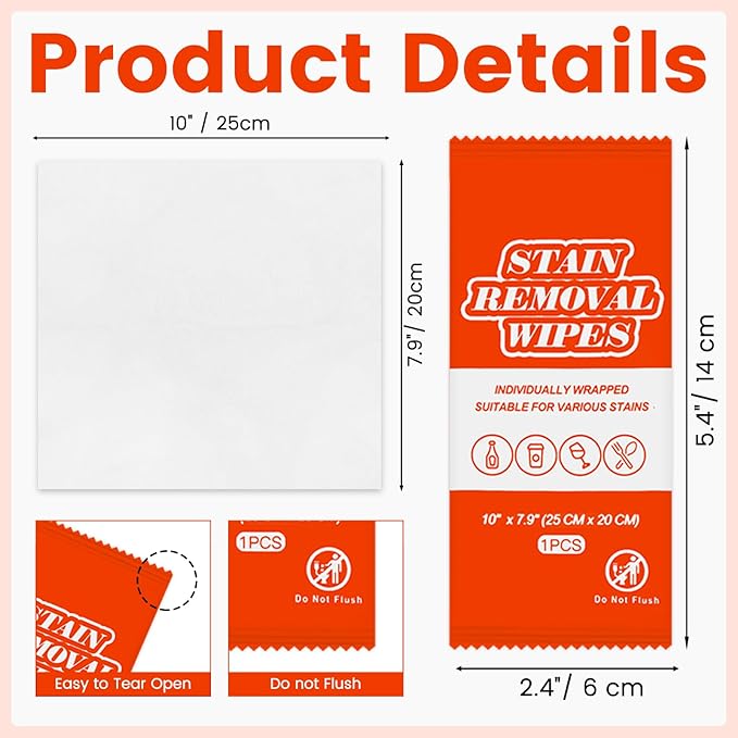 Stain Remover Wet Wipes Bulk, Individual Wrapped Stain Remover for Clothes Portable Travel Messy Eater Stain Removal Wipes Pocket Size for Clothing Fabric, Shoes, Wine, Fast Food (10 x 7.9 inch) (200)