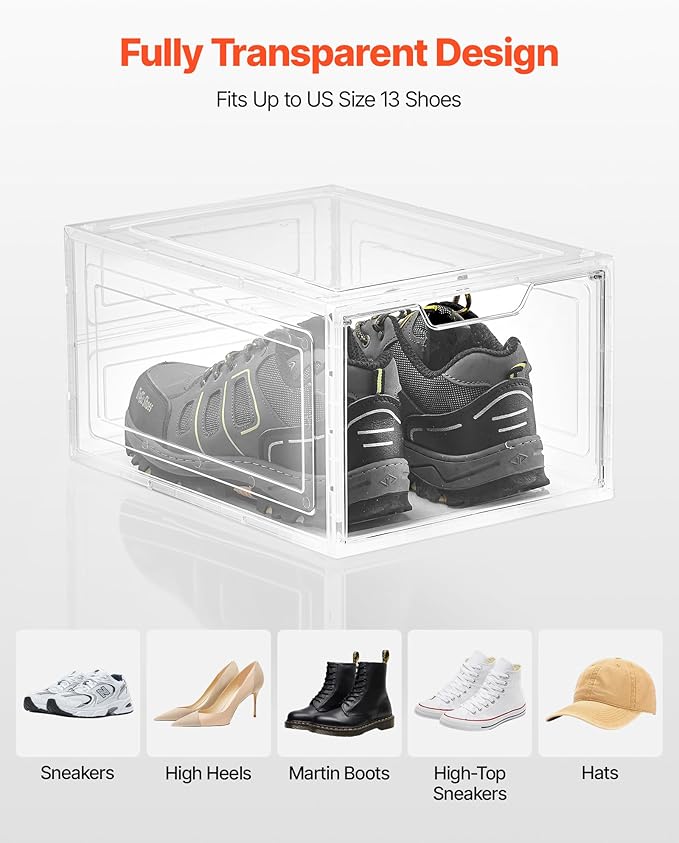 VEVOR Shoe Storage Boxes, 12 Pack Clear Stackable Shoe Boxes Storage Organizers with Magnetic Door, Fit up to US Size 13, Plastic Sneaker Containers for High Heels, Boots, and Hats, Transparent White