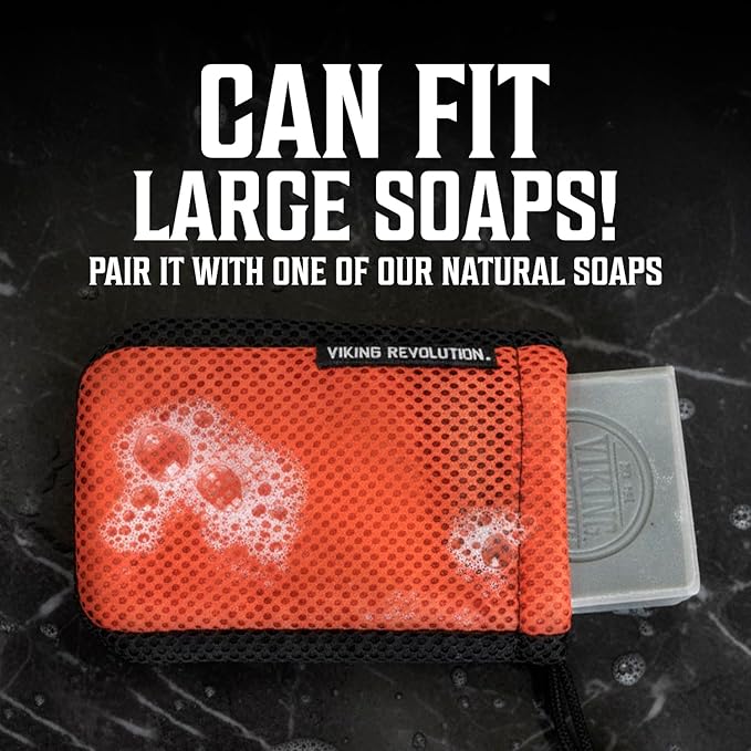 Viking Revolution Soap Bag (5.9"x3.7", 1 Piece) and Skin Cleaning Activated Charcoal Soap for Men, Peppermint & Eucalyptus Scent with Dead Sea Mud (6 Oz) - Body and Face Cleanser