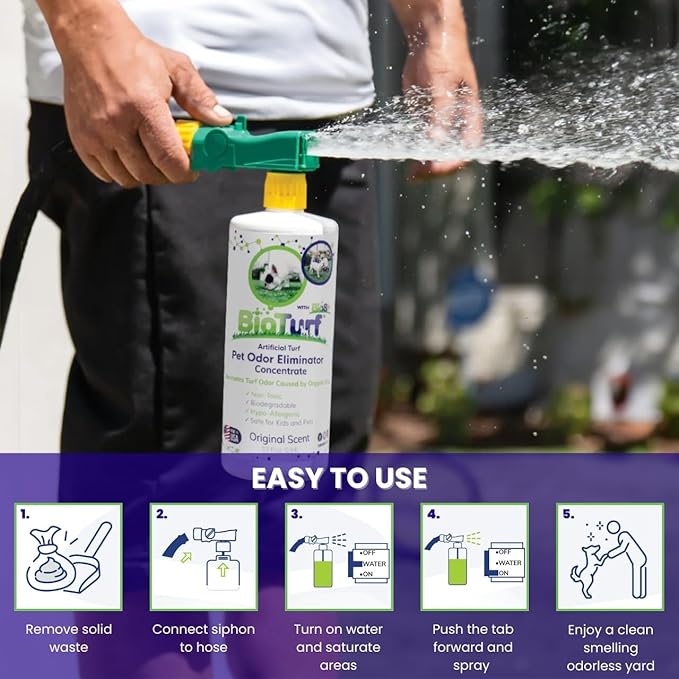 BioTurf BioS+ Odor Eliminator Concentrate Kit – Artificial Turf Cleaner for Dog Urine & Feces – Outdoor Yard Deodorizer Enzyme – Includes 1 Gallon, 32oz Spray Bottle & Hose Attachment