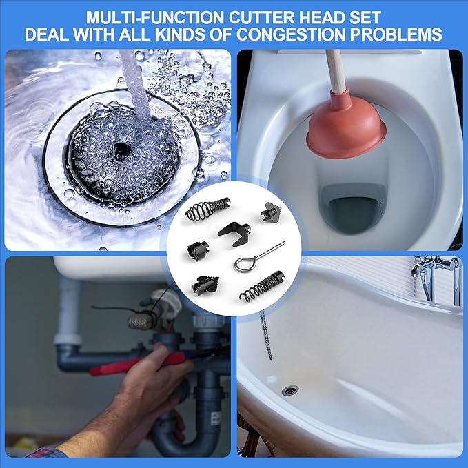 FEITON 7PCS Drain Cleaner Combination Cutter Head Set,16mm Manganese Steel Spring Automatic Locking Drain Dredging Cutter Head Accessories for Drain Cleaning Machines