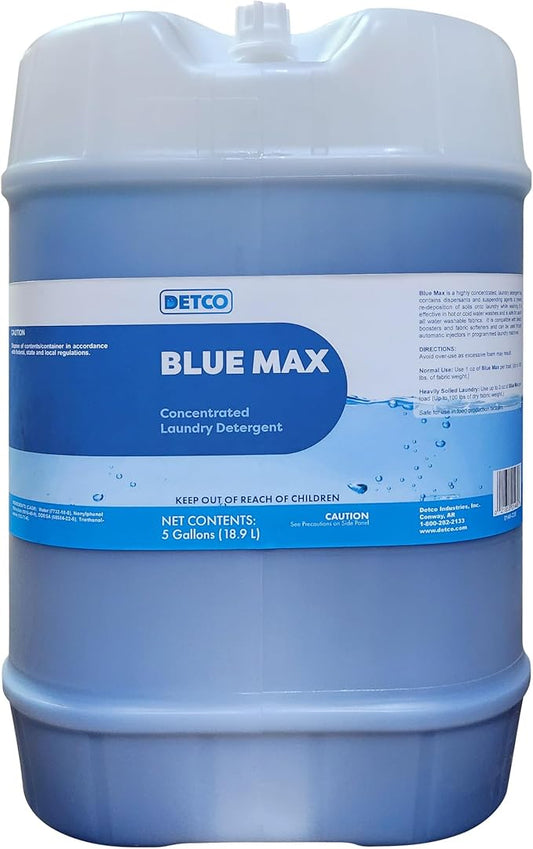 Blue Max Industrial-Strength Laundry Detergent Concentrate - Safely Clean 256 Loads Per Gallon, 1/2 Ounce Per Load, Heavy Duty Concentrated Commercial Formula, 5 Liquid Gallon Cube, Pack of 1