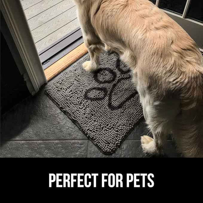 GORILLA GRIP SoakSTOPPER Dog Door Mat, 48x30 Machine Washable Rug Absorbent Doormat Captures Moisture Mud Dirt, Quick Dry Soft Chenille Entryway Rugs Indoor Entrance Mats for Dog Paws, Paw Grey