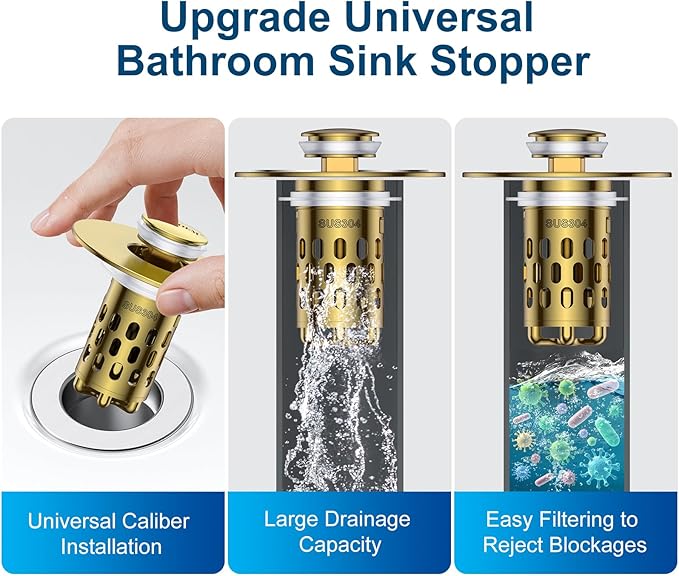 Bathroom Sink Stopper,All Metal Pop-Up Sink Drain Strainer with Removable Stainless Steel Filter Basket, Universal Bathroom Hair Catcher Fit for 1.1-2.36'' Drain (Gold, 1 Pack)