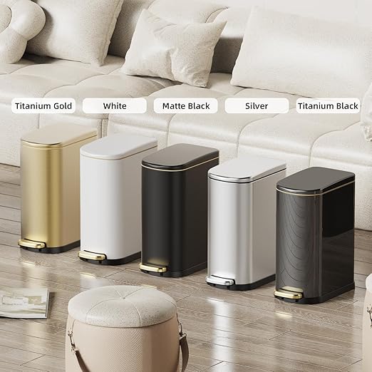 2.6 Gal Stainless Steel Trash Can with Soft Close Stay Open Lid, Small Rectangular 10L Waste bin for Narrow Space, Waterproof, Odor Protection, White