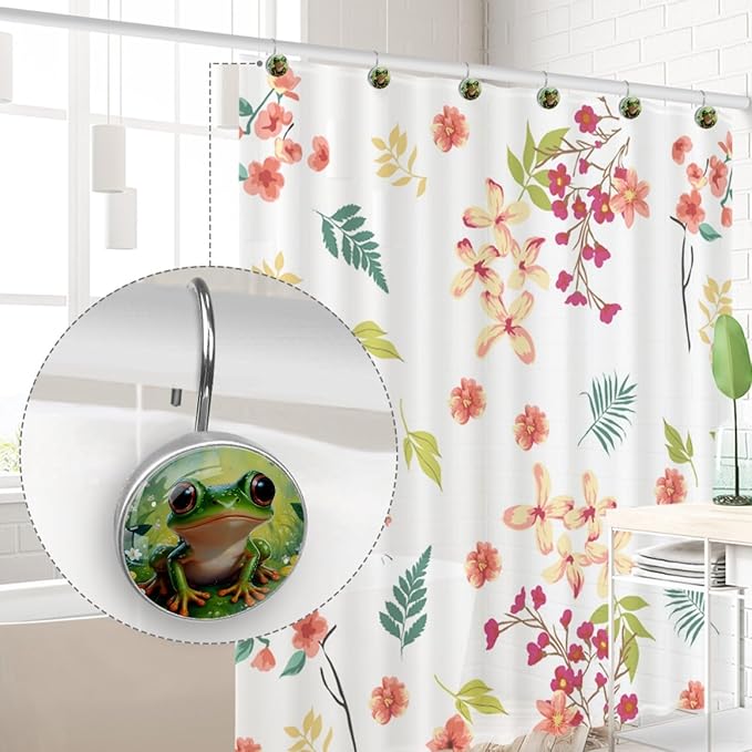 12 Packs Cute Frog Shower Curtain Hooks, Stainless Steel Glass Shower Curtain Rings for Bathroom Decor, Metal Rustproof Curtain Rod Hooks
