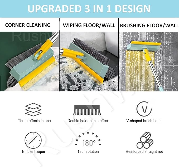 3 in 1 Long Handle Bathroom Cleaning Brush with Wiper, 180° Rotate for Floor/Toilet Cleaning (Multicolor)