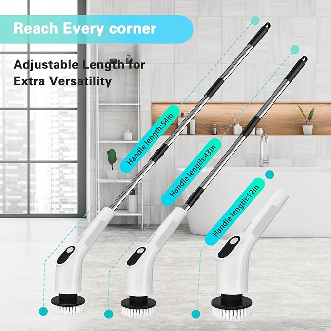 LICHIFIT Electric Spin Scrubber, Waterproof Cordless Shower Cleaning Brush with Replaceable Brush Heads and Adjustable Extension Handle 2 Speeds for Bathtub Kitchen Wall Cleaning