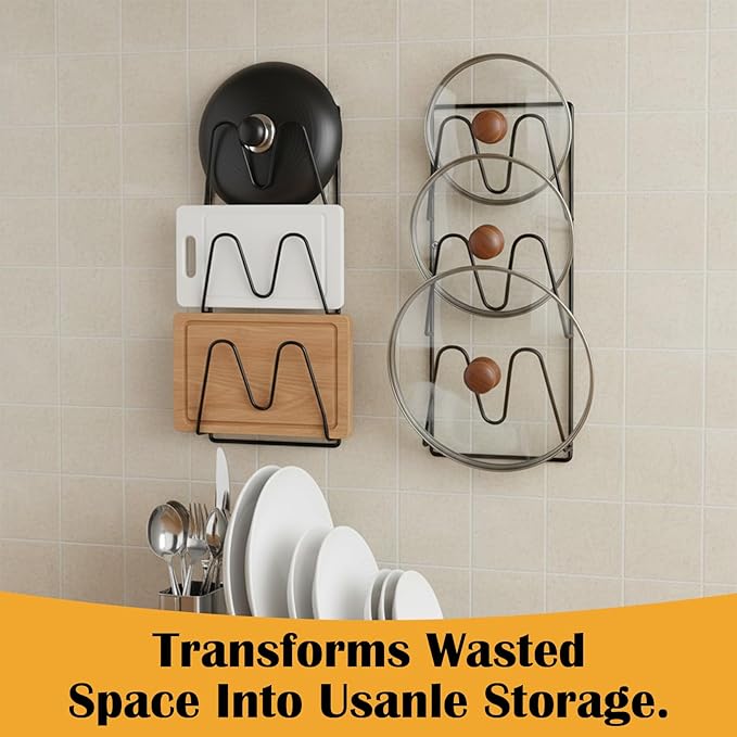 4 Pcs Pot Lid Organizer Rack, 12-Tier Adhesive Mount No Drilling Lid Holder for Cabinet Door and Wall, Rustproof Black Kitchen Storage Solution for Pots and Pans
