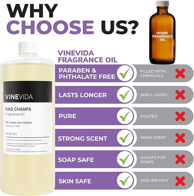 VINEVIDA [32oz] Nag Champa Fragrance Oil for Candle Making - Made in USA Scents for Soap Making - Natural Candle Fragrance Oil