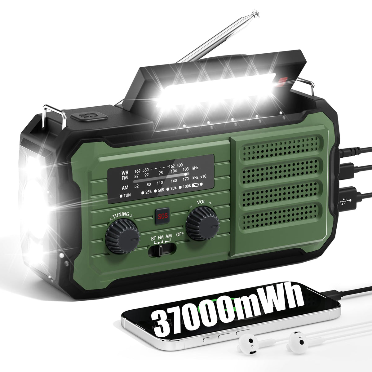 Emergency Radio Hand Crank Solar, 10000mAh/37000mWh Emergency - Image 1