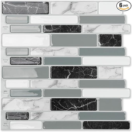 Art3d 12"x12" Peel and Stick Backsplash Tile for Kitchen, Marble Grey (6-Sheet)
