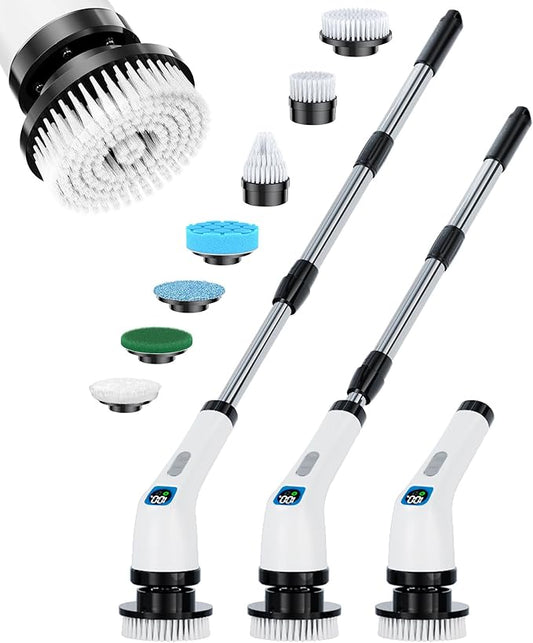 Electric Spin Scrubber, IPX7 Shower Scrubber 7 Replaceable Brush Heads-90Mins Work Time, 2-Speed Adjustable Bathroom Scrubber 3-Height Adjustable Handle Cordless Tub Scrubber for Bathtub Kitchen Glass