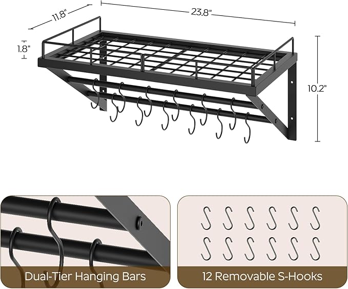 Wall Mounted Pot Rack, 23.8 Inch Pot and Pan Organizer with 2 Tier Hanging Rails, 12 S-Hooks, Metal Pot Rack for Kitchen Cookware Organizer, Space Saving, for Kitchen Utensils, Black PR01BK