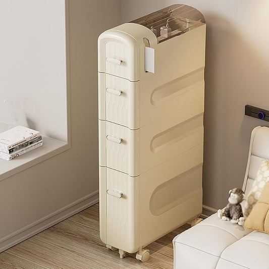 4 Tiers Narrow Slim Bathroom Floor Cabinet,Rolling Storage Cart with Toilet Paper Holder,Slim Bathroom Storage Cabinet for Small Space Kitchen Living Room
