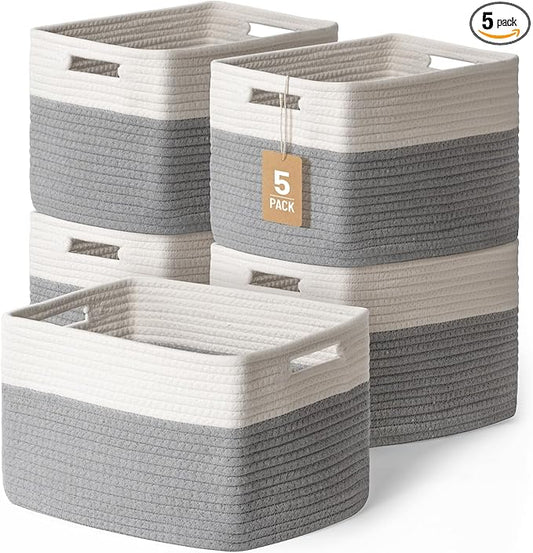 5 Pack Woven Storage Baskets for Shelves, Decorative Basket Closet Organizer Storage Bins for Clothes, Books, Pantry, Bathroom – Cotton Rope Shelf Baskets for Organizing and Decor, Gray & White