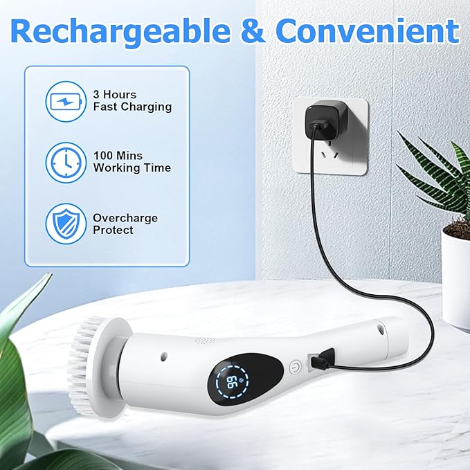 Electric Spin Scrubber, Cordless 3 Speeds Cleaning Brush 430 RPM, Adjustable/Detachable Long Handle, Shower Scrubber for Bathroom, Car, Floor, Shower Cleaning Brush with 9 Replaceable Brushes (White)