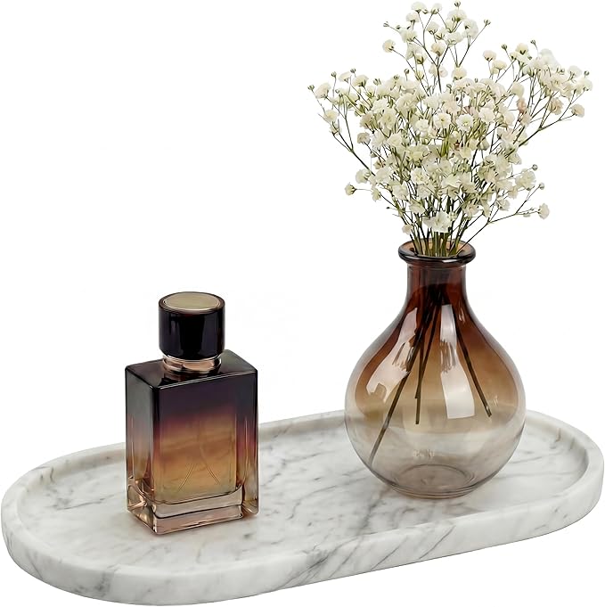 YKAJO 11.6" x 5.9" Oval Real Marble Tray for Bathroom & Kitchen Counter — 100% Natural Stone Decorative Vanity Tray for Dresser & Perfume — Heavy Catchall Organizer for Soap & Jewelry, White Gray