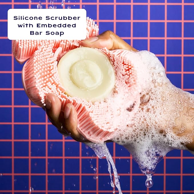 Smoosh® Body Scrubber, Black & 2-Count Bar Soap, Cedarwood Bergamot - Silicone Body Scrubber with Embedded Bar Soap for Shower Exfoliation and Cleansing