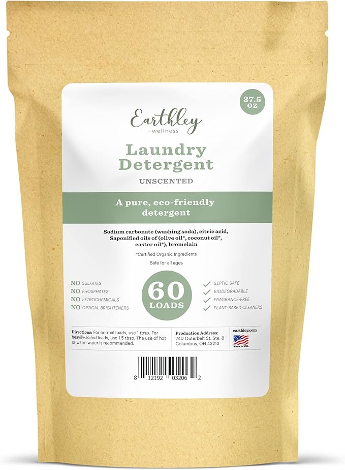 Earthley Wellness Laundry Detergent, Natural, Gentle & Effective for Sensitive Skin, Safe for Baby Clothes & Cloth Diapers, Biodegradable, Eco-Friendly, Plant-Based Cleaners (60 Loads, Unscented)