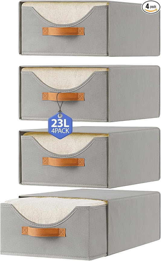 4 Pcs 16.5" Closet Drawers and Large Size Clothes Storage Bins Push-Out Storage Stackable Shelf Drawers with See-Through Window Closet Organizers for Bedroom, Living Room, Under Bed, Grey