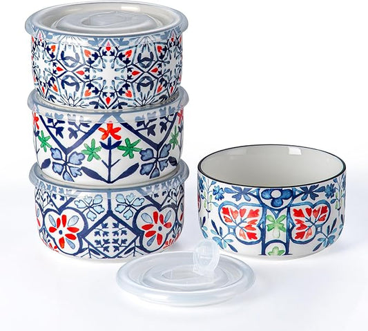 Ceramic Bowls Set with Lids: Set of 4 Microwave Safe Bowls for Soup Meal Prep Cereal Salad Fruit - Food Storage Containers with Lids for Work Lunch Pinic Camping - Pattern A2