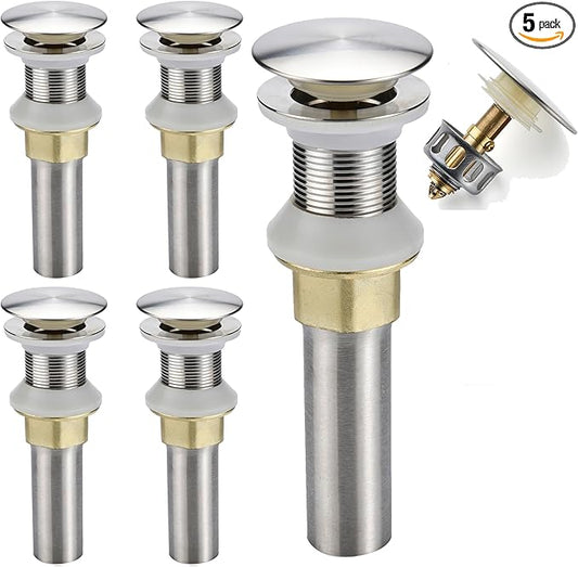 Bathroom Sink Drain,5 Pack Drain Stopper Bathroom Sink Without Overflow,Pop Up Drain Assembly with Detachable Strainer Basket,Built-in Anti-Clogging Strainer,Stainless Steel Brushed Nickel