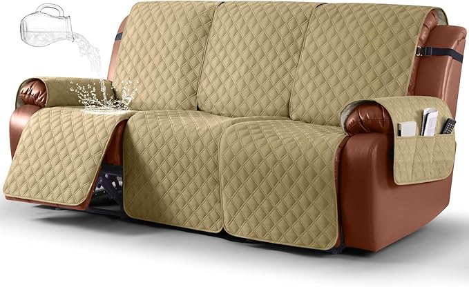 Ruaozz Waterproof Recliner Sofa Covers, 1-Piece Couch Covers for Reclining Couches Reclining Couch Cover Washable Furniture Protector with Elastic Straps Pocket for Kids Pets (Sand, 3 Seater)