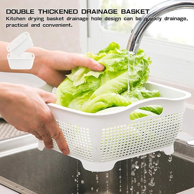 Double-layer Plastic Fruits Vegetable Washing Basket Food Storage Multi-layer Stackable Vegetable Sinks Wash Drain Basket for Kitchen (White)